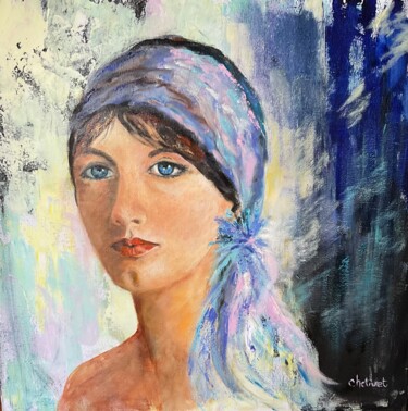 Malarstwo zatytułowany „Femme au foulard” autorstwa Janine Chetivet, Oryginalna praca, Olej Zamontowany na Drewniana rama no…
