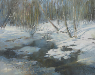 Painting titled "Aviekste River Unde…" by Janis Zingitis, Original Artwork, Oil Mounted on Wood Stretcher frame