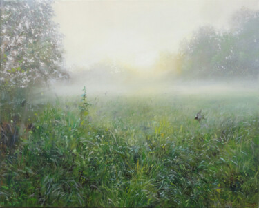 Painting titled "Summer Evening" by Janis Zingitis, Original Artwork, Oil Mounted on Wood Stretcher frame