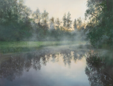 Painting titled "Morning Mist" by Janis Zingitis, Original Artwork, Oil Mounted on Wood Stretcher frame