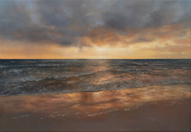 Painting titled "Windy Sunset on the…" by Janis Zingitis, Original Artwork, Oil Mounted on Wood Stretcher frame