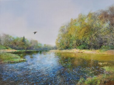 Pintura intitulada "The River in Spring…" por Janis Zingitis, Obras de arte originais, Óleo Montado em Armação em madeira
