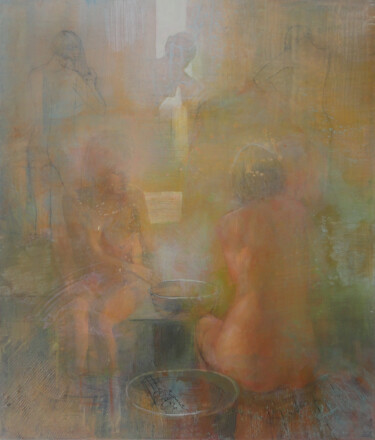 Painting titled "In the Bath House" by Janis Zingitis, Original Artwork, Acrylic