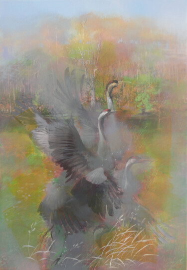 Painting titled "Voices of Cranes in…" by Janis Zingitis, Original Artwork, Acrylic