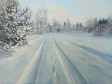 Painting titled "Country Road on a C…" by Janis Zingitis, Original Artwork, Oil