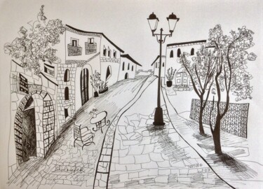 Dessin intitulée "street in Zefat" par Janna Shulrufer, Œuvre d'art originale, Stylo gel