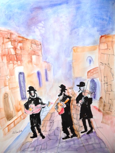 Schilderij getiteld "klezmers in Safed 3" door Janna Shulrufer, Origineel Kunstwerk, Aquarel
