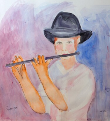 Painting titled "flutist" by Janna Shulrufer, Original Artwork, Watercolor
