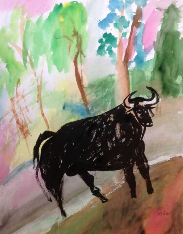 Ζωγραφική με τίτλο "black bull" από Janna Shulrufer, Αυθεντικά έργα τέχνης, Μελάνι