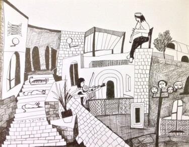 Disegno intitolato "Musicians in Safed" da Janna Shulrufer, Opera d'arte originale, Inchiostro