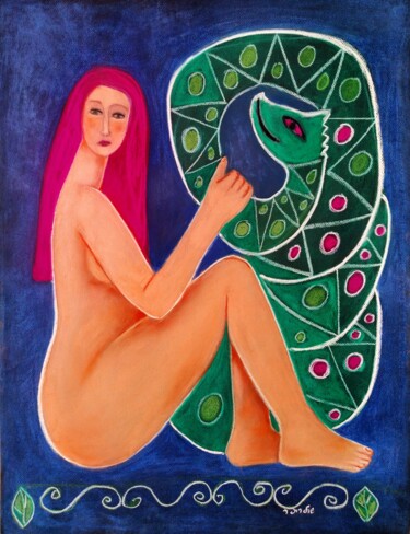 Rysunek zatytułowany „Eve and Serpent” autorstwa Janna Shulrufer, Oryginalna praca, Pastel
