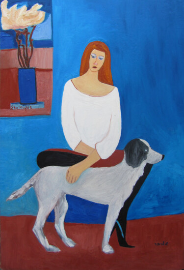 Картина под названием "Girl and dog" - Janna Shulrufer, Подлинное произведение искусства, Масло