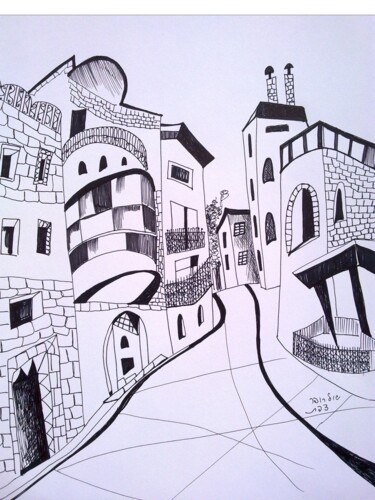Dibujo titulada "street in Safed" por Janna Shulrufer, Obra de arte original, Pluma de gel
