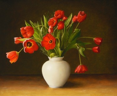 Pintura intitulada "Red Tulips" por Jan Teunissen, Obras de arte originais, Óleo Montado em Painel de madeira