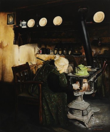 Картина под названием "Woman fueling stove" - Jan Teunissen, Подлинное произведение искусства, Масло Установлен на Деревянна…
