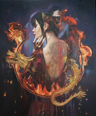 Pittura intitolato "Dragon girl II" da Janusz Orzechowski, Opera d'arte originale, Olio Montato su Telaio per barella in leg…