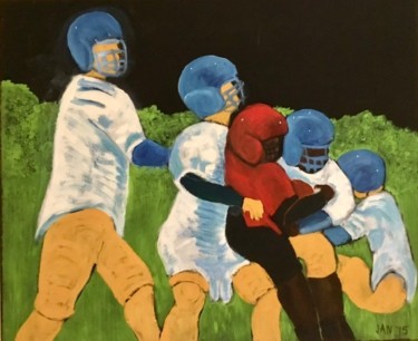 Painting titled "Football Players 3" by Jan Wall, Original Artwork, Oil Mounted on Wood Stretcher frame