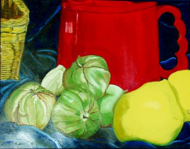 Painting titled "Red Mug with Tomati…" by Jan Wall, Original Artwork, Oil