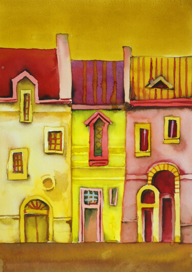 Pintura intitulada "Old Town 20" por Jaroslaw Filipek, Obras de arte originais, Aquarela