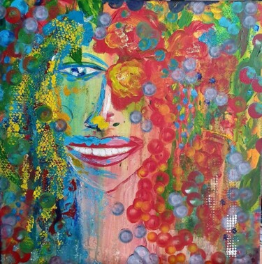 Malerei mit dem Titel "Jungle Flower Girl" von Jasmin Meirose, Original-Kunstwerk, Acryl Auf Keilrahmen aus Holz montiert