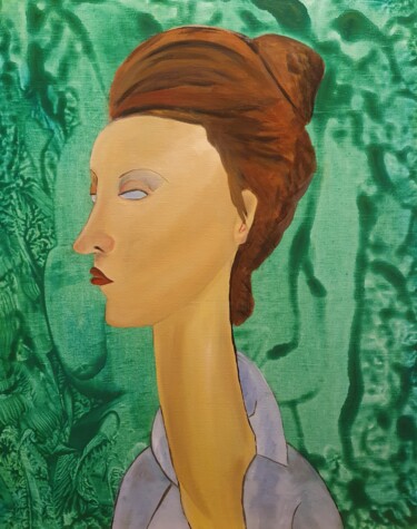 Painting titled "Hommage an Modiglia…" by Jasmin Meirose, Original Artwork, Oil Mounted on Wood Stretcher frame