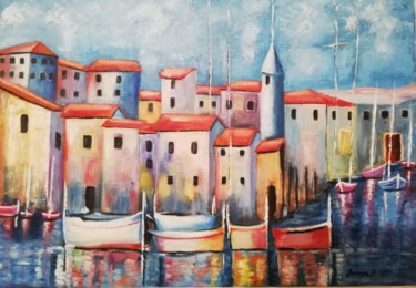 Malerei mit dem Titel "A town on the sea" von Jasmina Vuckovic, Original-Kunstwerk, Öl