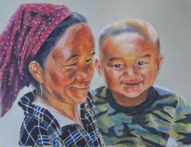 Zeichnungen mit dem Titel "Abuela vietnamita y…" von Javier Ipiña, Original-Kunstwerk, Pastell
