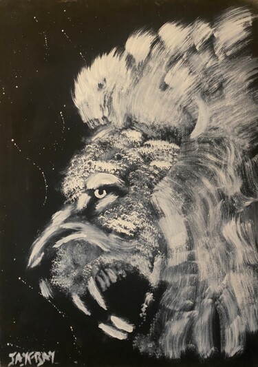 Schilderij getiteld "Lion en colère" door Jayfray, Origineel Kunstwerk, Acryl Gemonteerd op Frame voor houten brancard
