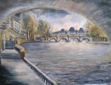 Картина под названием "la Seine à Paris" - Jean-Claude Chatain, Подлинное произведение искусства, Масло Установлен на Деревя…