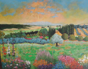 「paysage de villeneu…」というタイトルの絵画 Jean Claude Darroussatによって, オリジナルのアートワーク, アクリル ウッドストレッチャーフレームにマウント