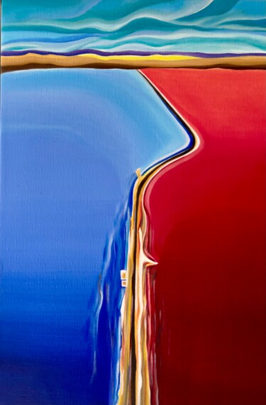 Schilderij getiteld "Of red and blue" door Jchadima, Origineel Kunstwerk, Olie Gemonteerd op Frame voor houten brancard