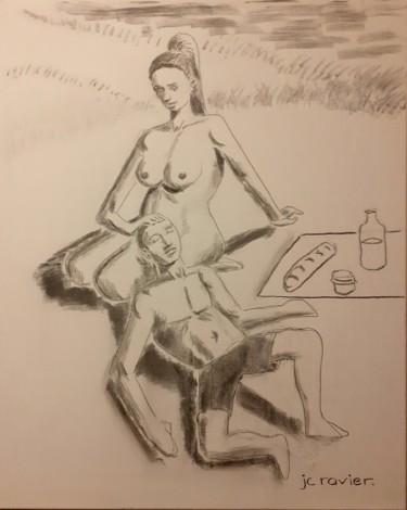 Painting titled "Pique-nique !" by Jean Christophe Ravier, Original Artwork, Charcoal
