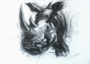 Dessin intitulée "Rhinocéros moderne" par Jean-Baptiste De Poret, Œuvre d'art originale, Fusain