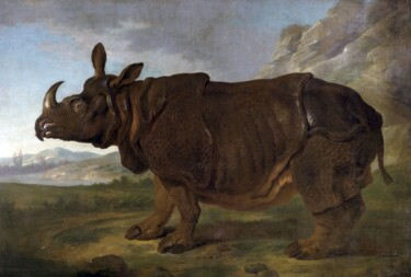 Schilderij getiteld "Clara le rhinocéros…" door Jean-Baptiste Oudry, Origineel Kunstwerk, Olie
