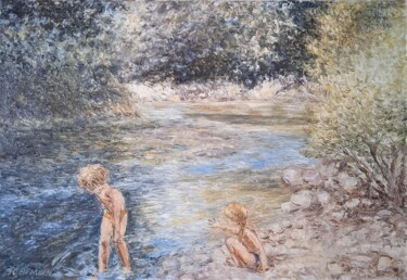 Painting titled "La baignade" by Jean-Claude Bemben, Original Artwork, Oil Mounted on Wood Stretcher frame