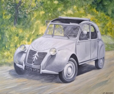 Painting titled "La 2 CV Citroën" by Jean-Claude Bemben, Original Artwork, Oil Mounted on Wood Stretcher frame