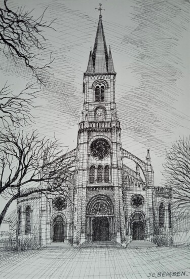 Tekening getiteld "l'Eglise St andré à…" door Jean-Claude Bemben, Origineel Kunstwerk, Inkt