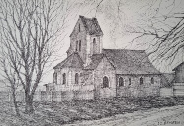 Desenho intitulada "l'Eglise de Taissy" por Jean-Claude Bemben, Obras de arte originais, Tinta