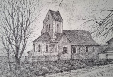 Tekening getiteld "l'Eglise de Taissy" door Jean-Claude Bemben, Origineel Kunstwerk, Inkt