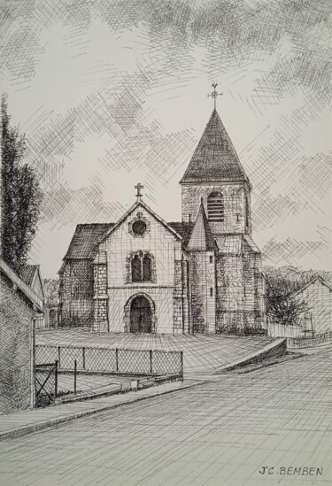 Desenho intitulada "L'Eglise de Germaine" por Jean-Claude Bemben, Obras de arte originais, Tinta