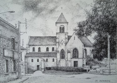 Desenho intitulada "l'Eglise de Cernay…" por Jean-Claude Bemben, Obras de arte originais, Tinta