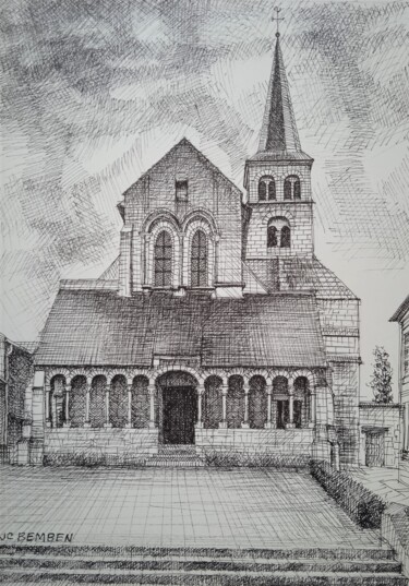 Drawing titled "l'Eglise de Hermonv…" by Jean-Claude Bemben, Original Artwork, Ink