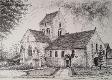 Drawing titled "l'Eglise de Verneuil" by Jean-Claude Bemben, Original Artwork, Ink