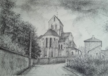 Zeichnungen mit dem Titel "l'Eglise de Rosnay" von Jean-Claude Bemben, Original-Kunstwerk, Tinte Auf Andere starre Platte mo…