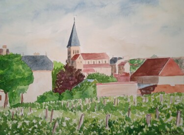 Dessin intitulée "vignoble et vue sur…" par Jean-Claude Bemben, Œuvre d'art originale, Aquarelle