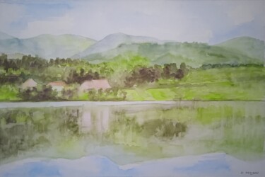 Drawing titled "Reflets sur le lac" by Jean-Claude Bemben, Original Artwork, Watercolor