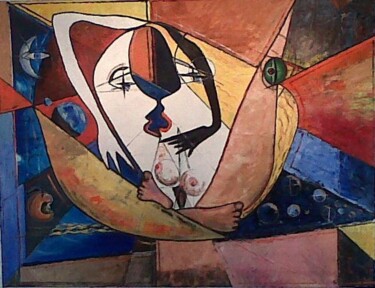 Painting titled "le baiser" by Jean-Claude Chatain, Original Artwork, Oil Mounted on Wood Stretcher frame