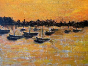 Schilderij getiteld "Bateaux au couchant" door Jean-François Ducamp, Origineel Kunstwerk, Acryl Gemonteerd op Frame voor hou…