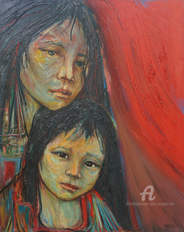 Painting titled "Le voile rouge" by Jj Neu, Original Artwork, Oil Mounted on Wood Stretcher frame