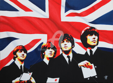 Painting titled "Beatles "For god an…" by Jean-Jacques Venturini, Original Artwork, Oil Mounted on Wood Stretcher frame